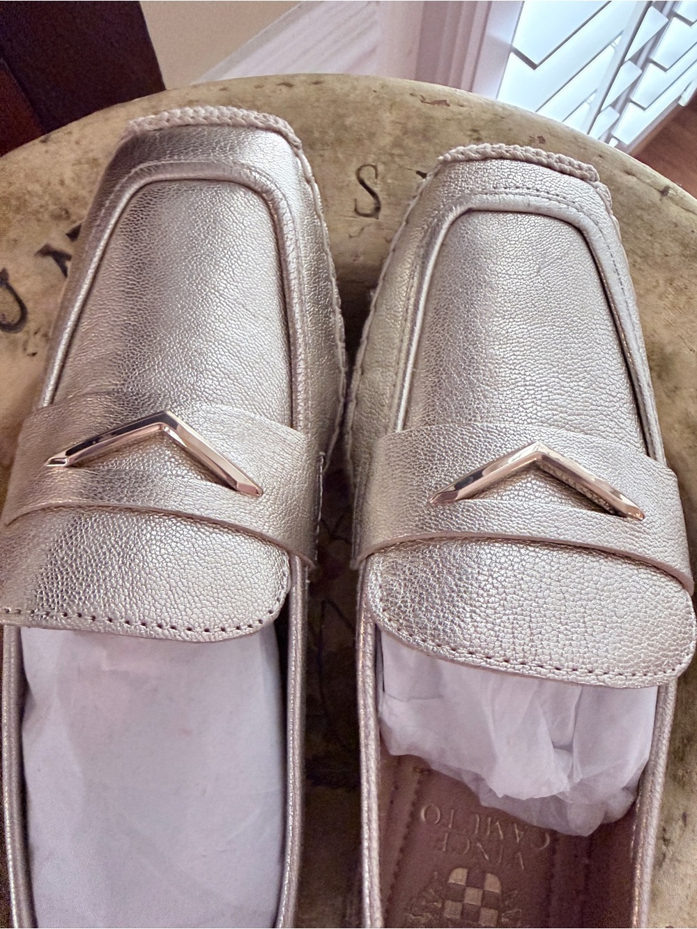 Vince Camuto Metallic Rose Gold Loafers with V Accent
